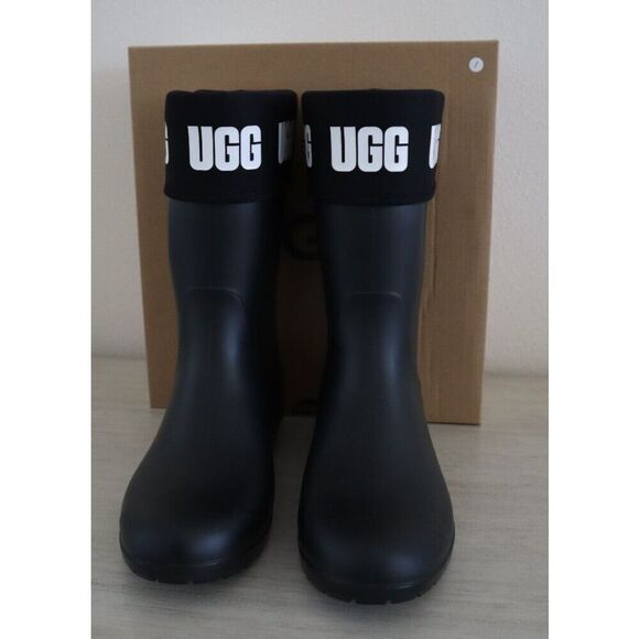 UGG 1110732 Women's Sz 5 Black Sienna Matte Graphic Logo Rubber Rain Boots - Picture 2 of 8